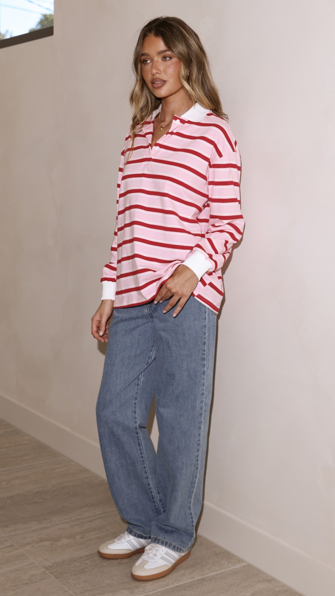 Jayana Collared Jersey Top - Red/Pink Stripe