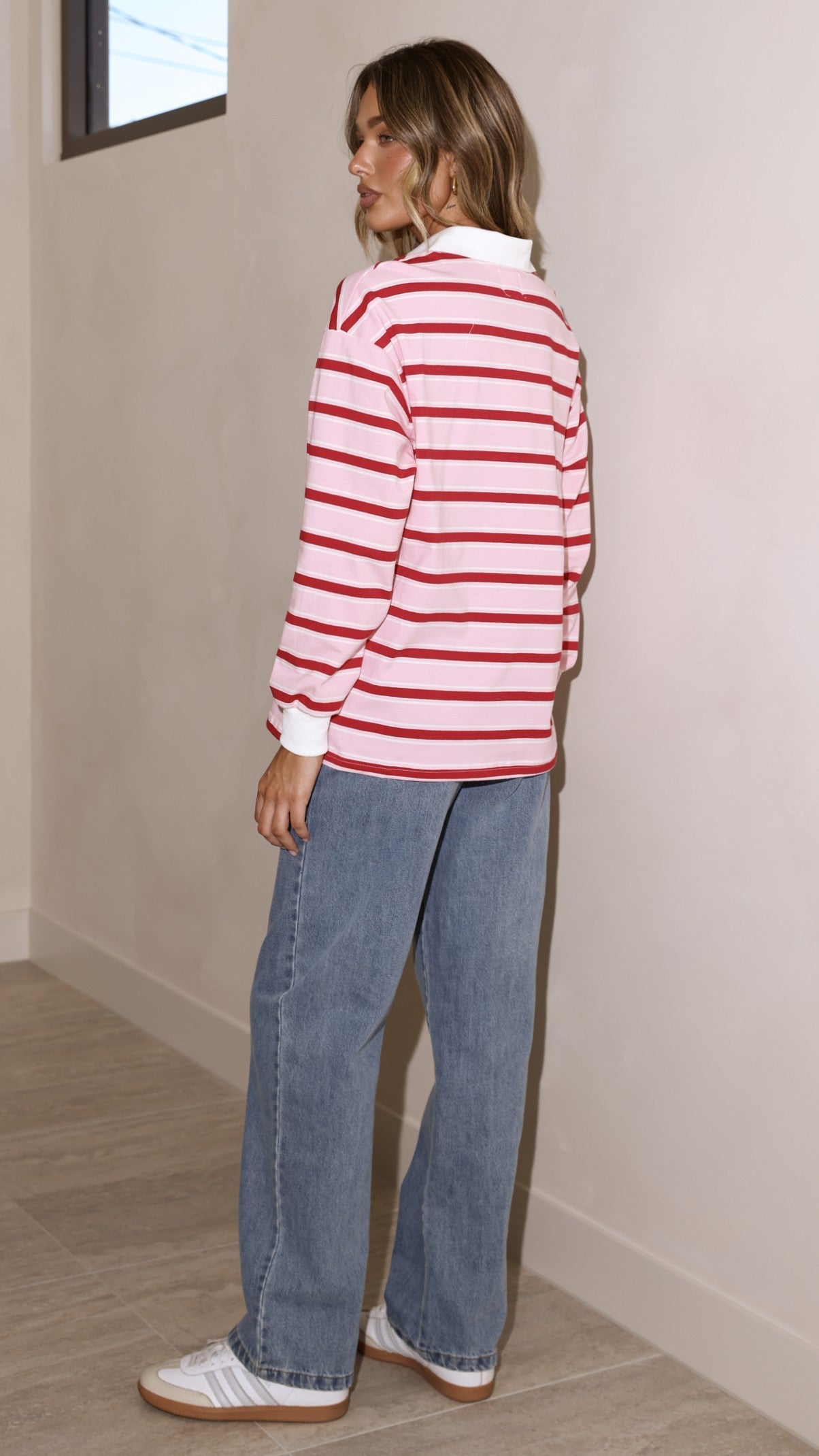 Jayana Collared Jersey Top - Red/Pink Stripe