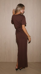 Doja Short Sleeve Tie Waist Maxi Dress - Chocolate