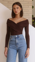 Elkie Off Shoulder Bodysuit - Chocolate