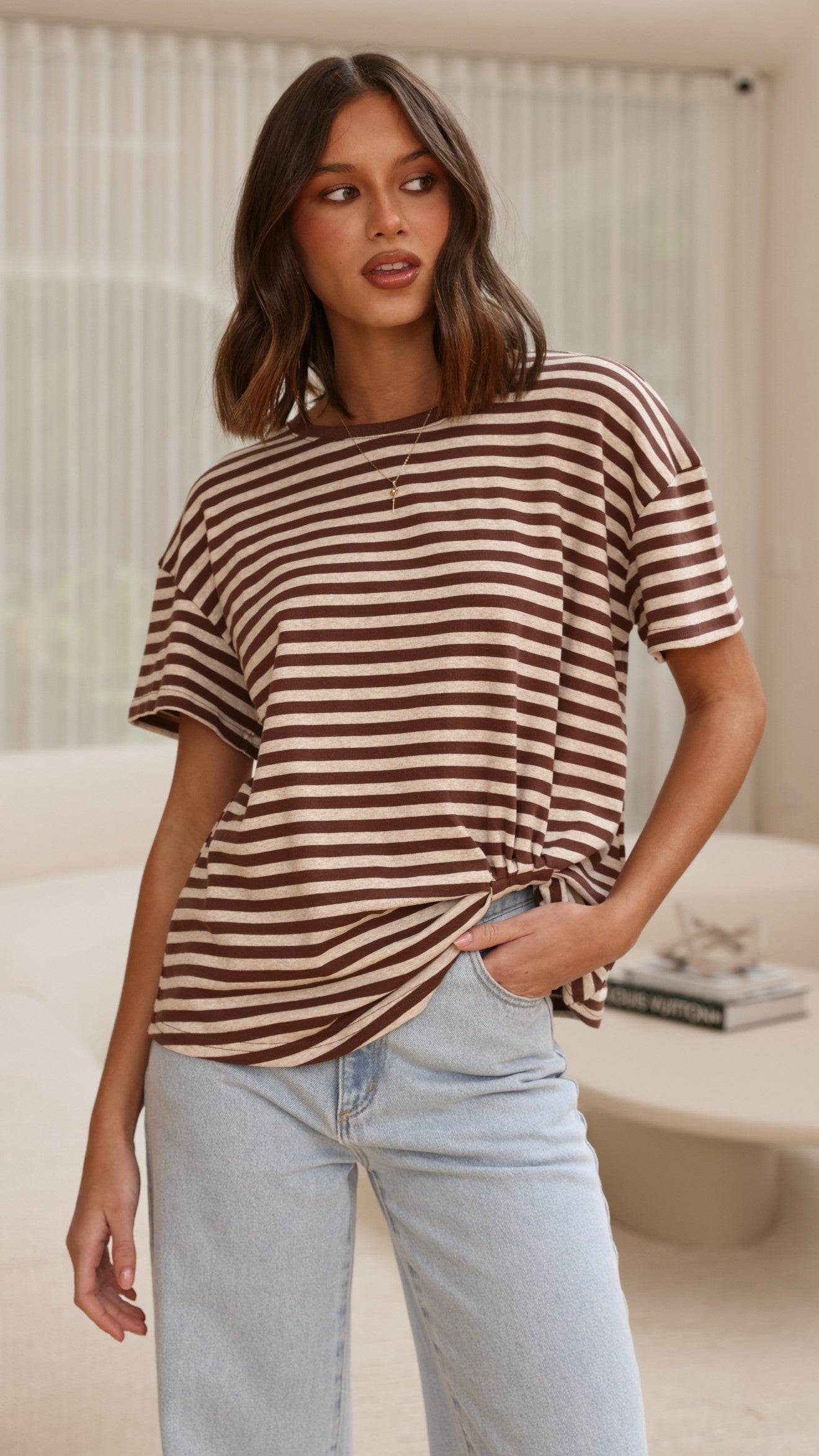 Clara Tee - Brown/Beige Stripe