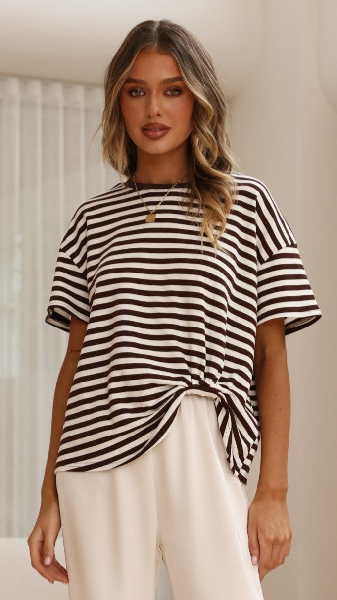 Clara Tee - Choc/White Stripe