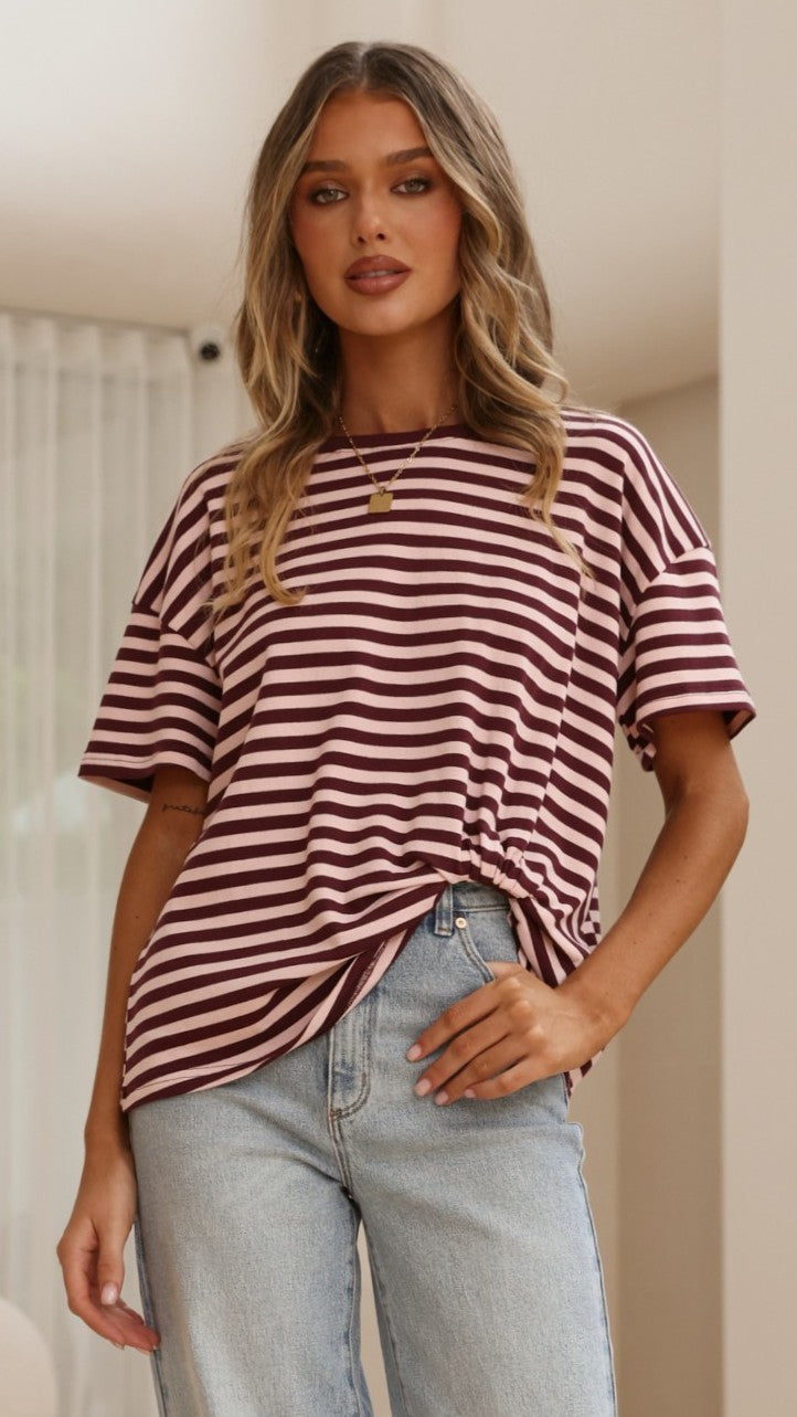 Clara Tee - Burgundy/Pink Stripe