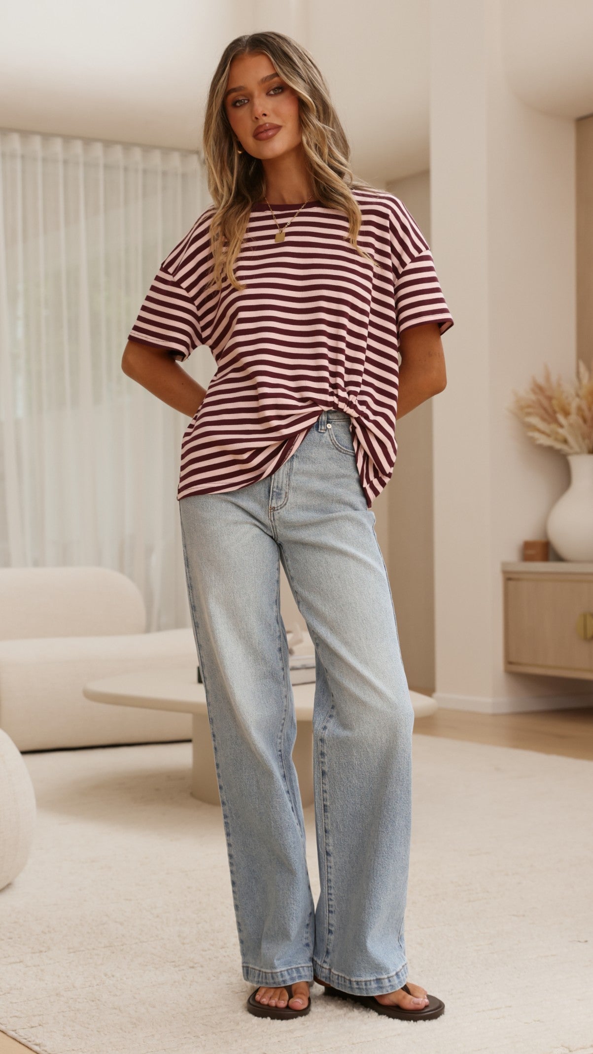 Clara Tee - Burgundy/Pink Stripe