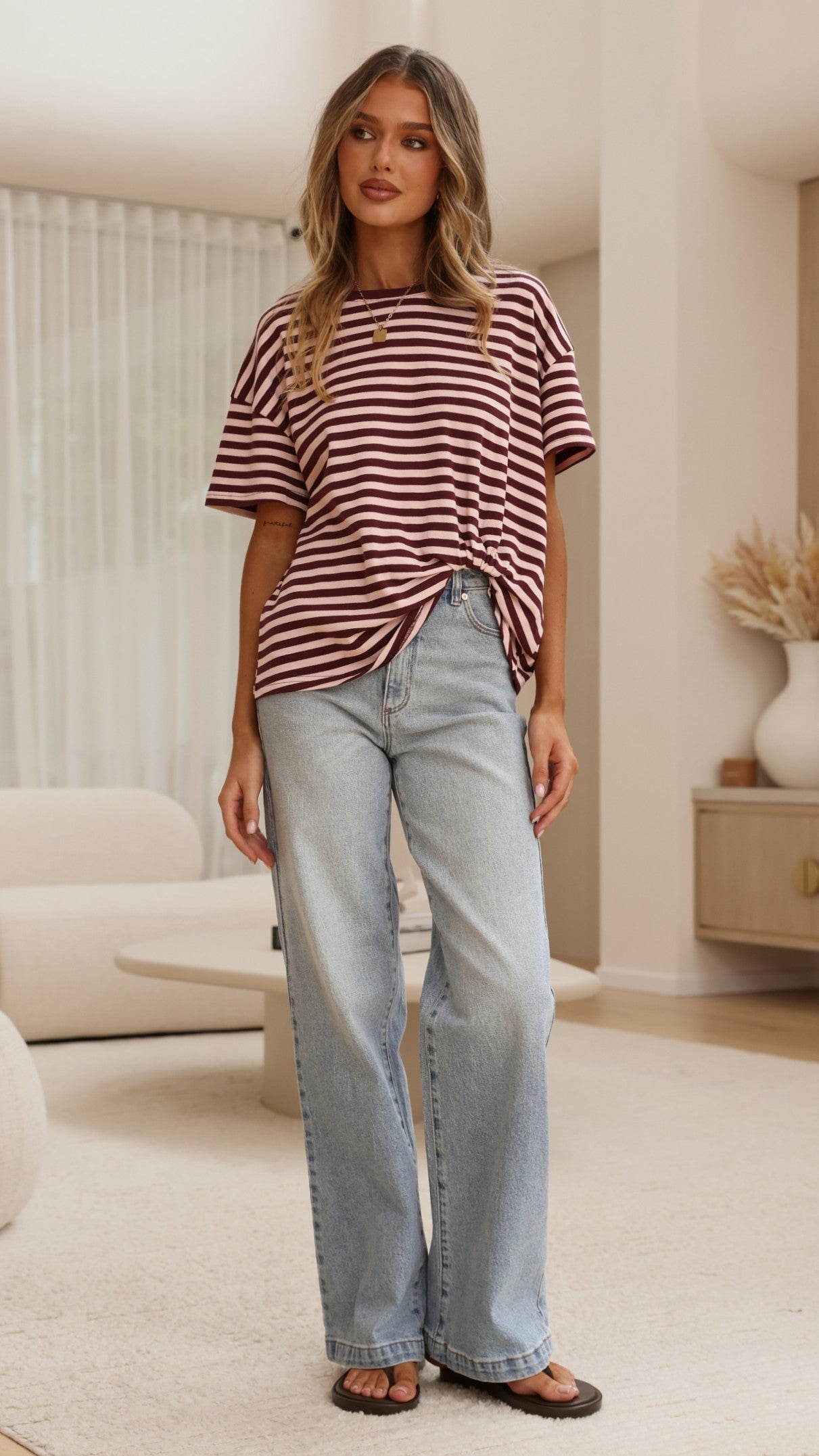 Clara Tee - Burgundy/Pink Stripe