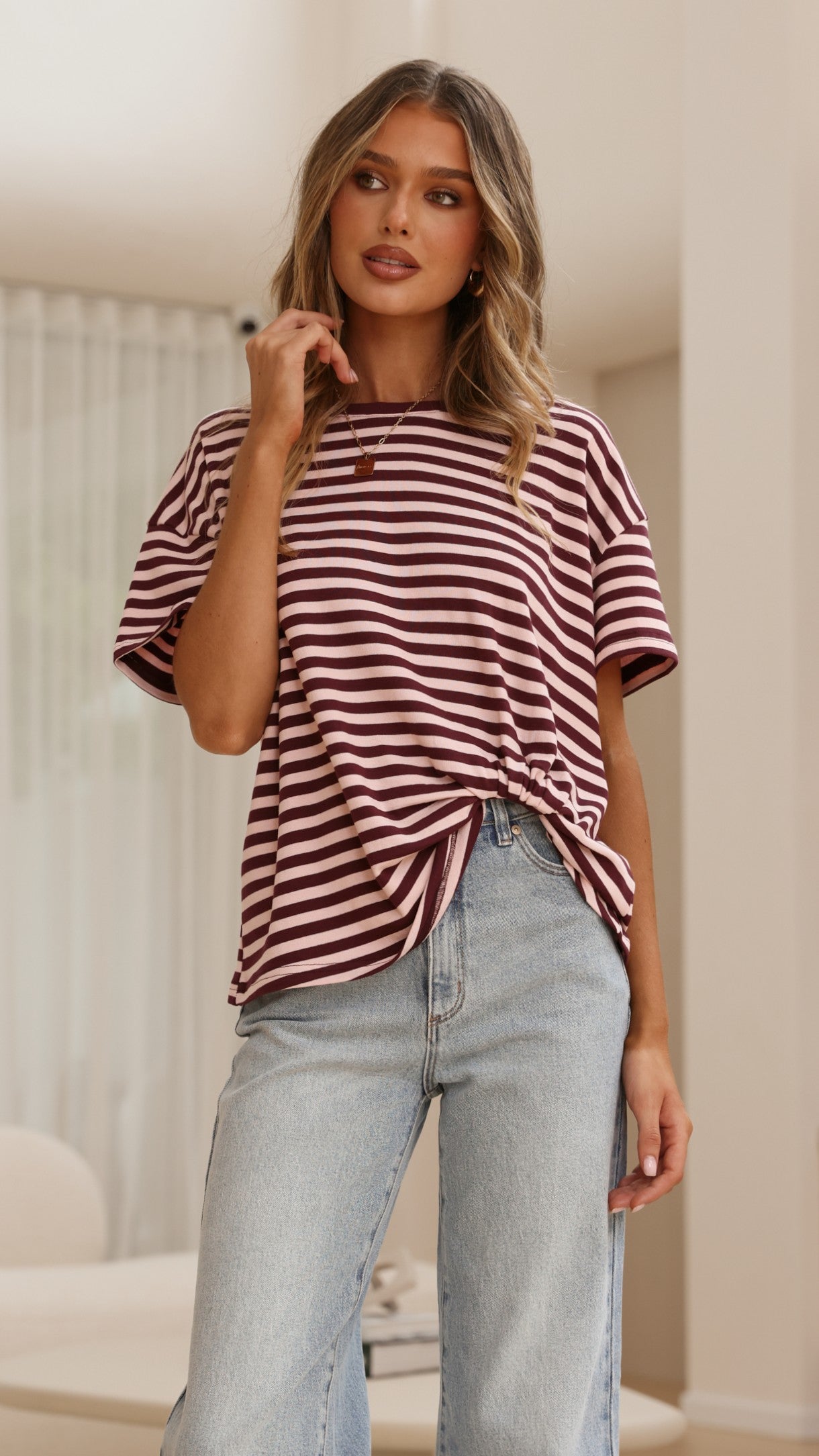 Clara Tee - Burgundy/Pink Stripe
