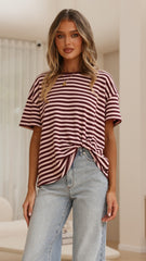Clara Tee - Burgundy/Pink Stripe