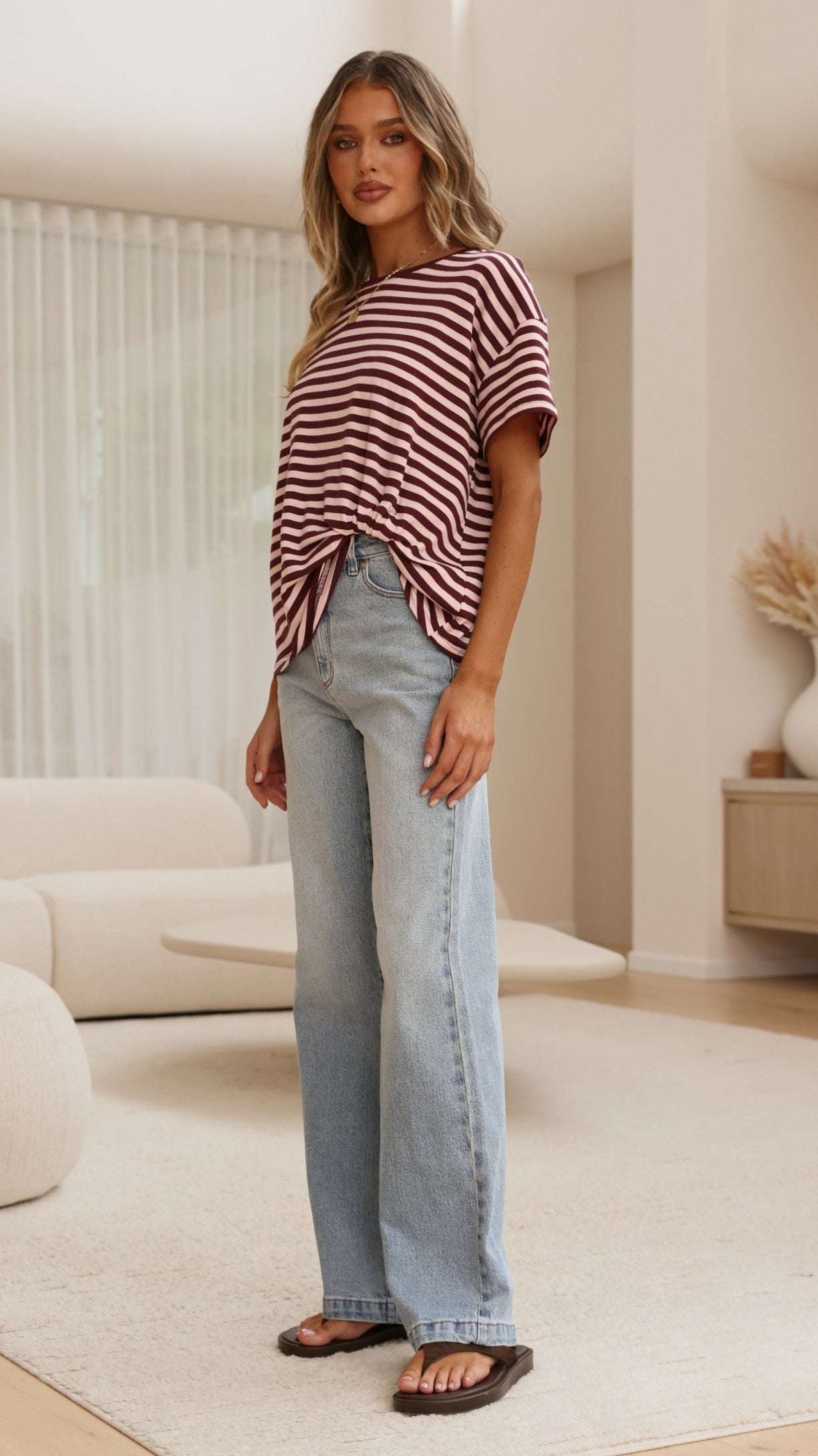 Clara Tee - Burgundy/Pink Stripe