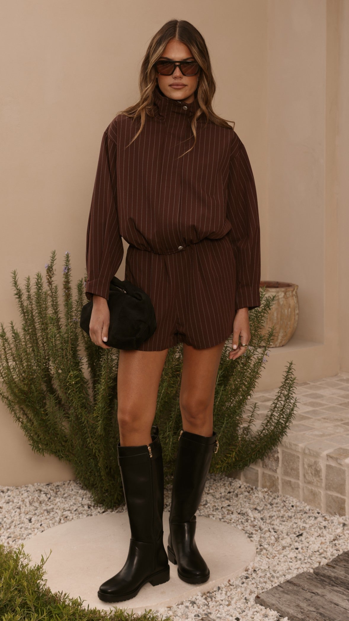 Ivana Funnel Neck Jacket & Shorts Set - Brown Pinstripe