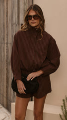 Ivana Funnel Neck Jacket & Shorts Set - Brown Pinstripe