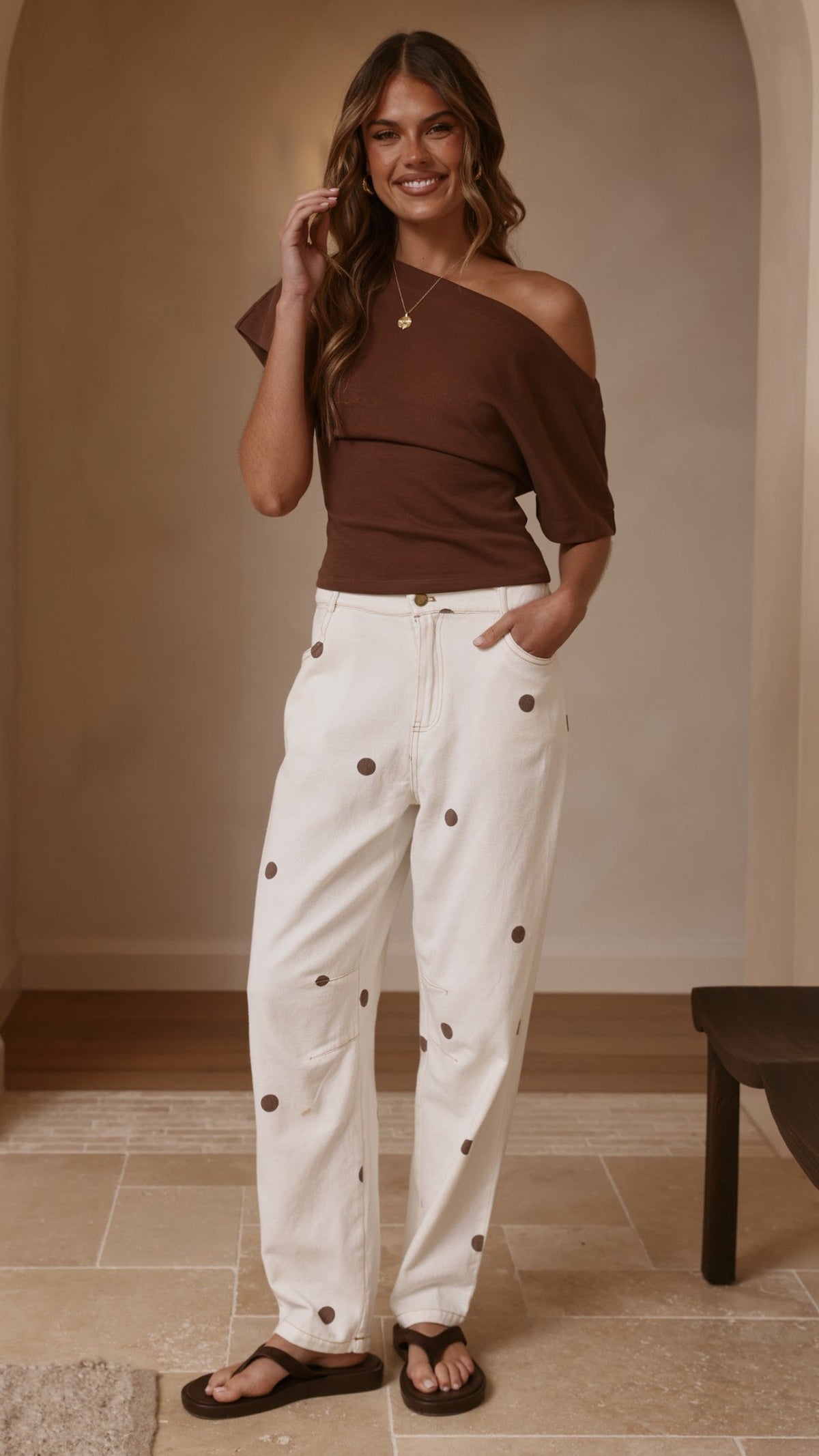 Cleora Barrel Jeans - Cream Polka