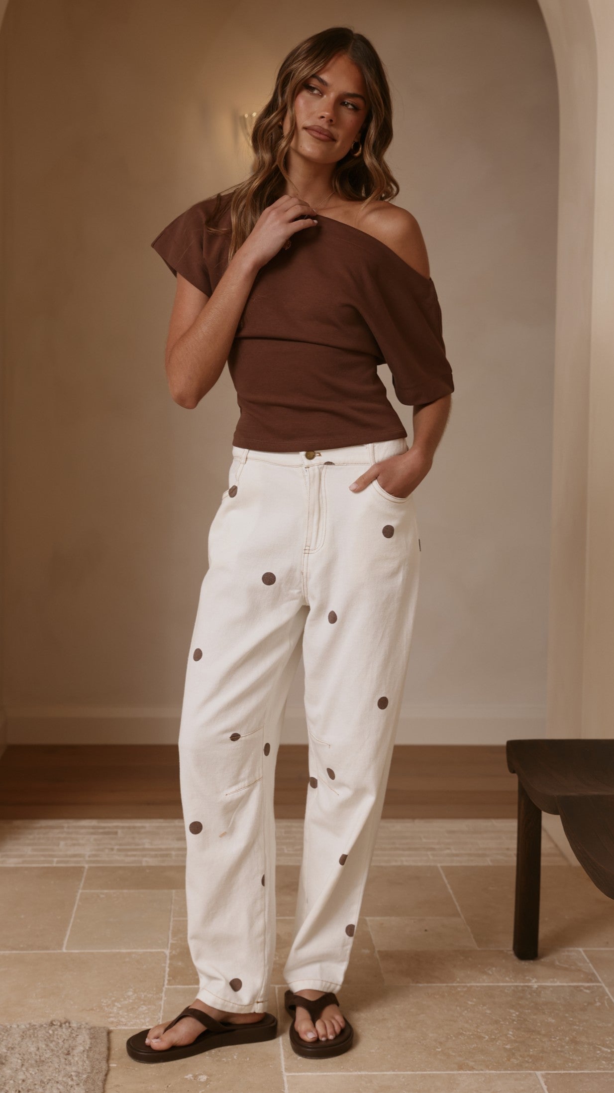 Cleora Barrel Jeans - Cream Polka