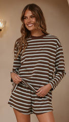 Harla Long Sleeve Top & Shorts Set - Brown/Blue Stripe