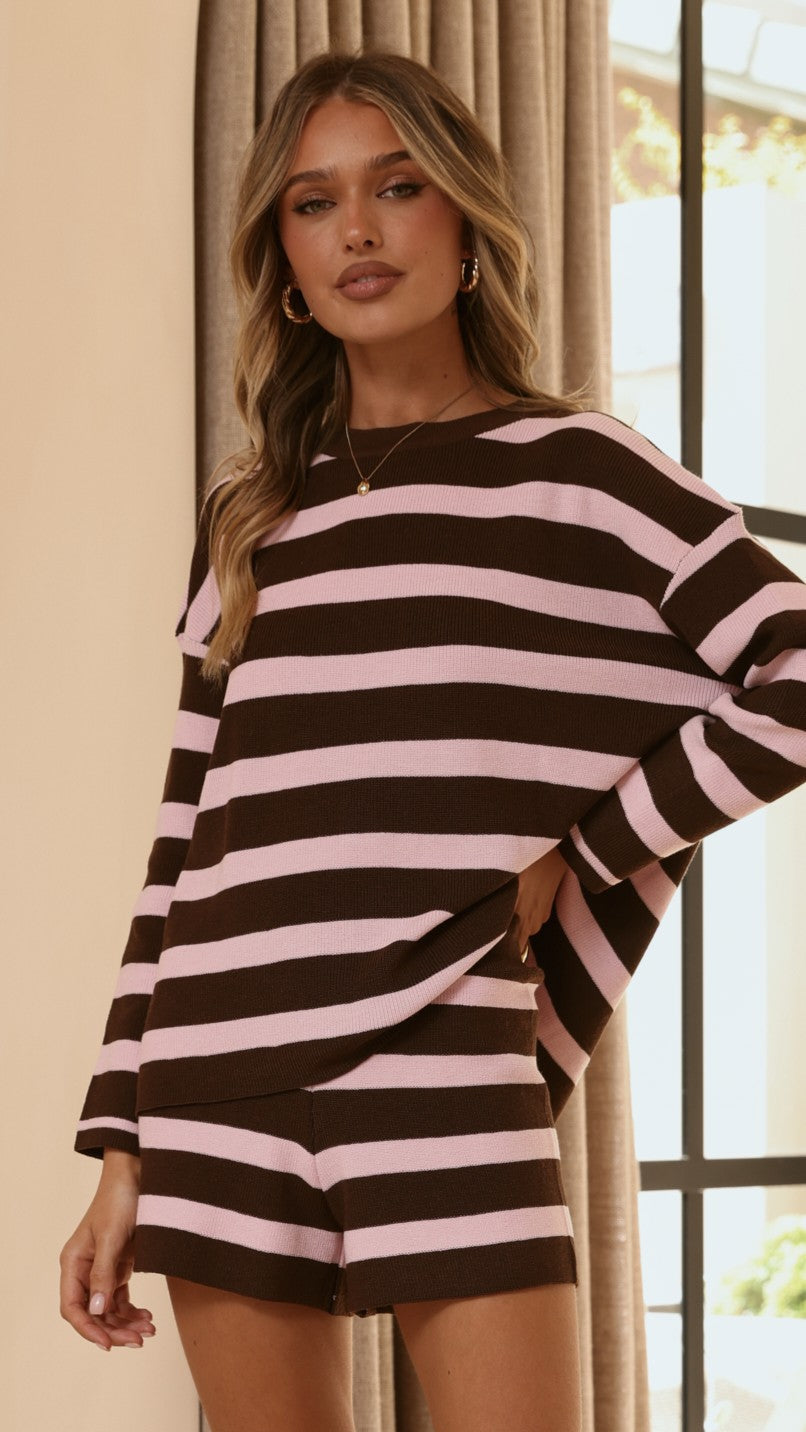 Jaeden Long Sleeve Top & Shorts Set - Pink/Chocolate Stripe