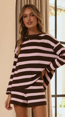 Jaeden Long Sleeve Top & Shorts Set - Pink/Chocolate Stripe