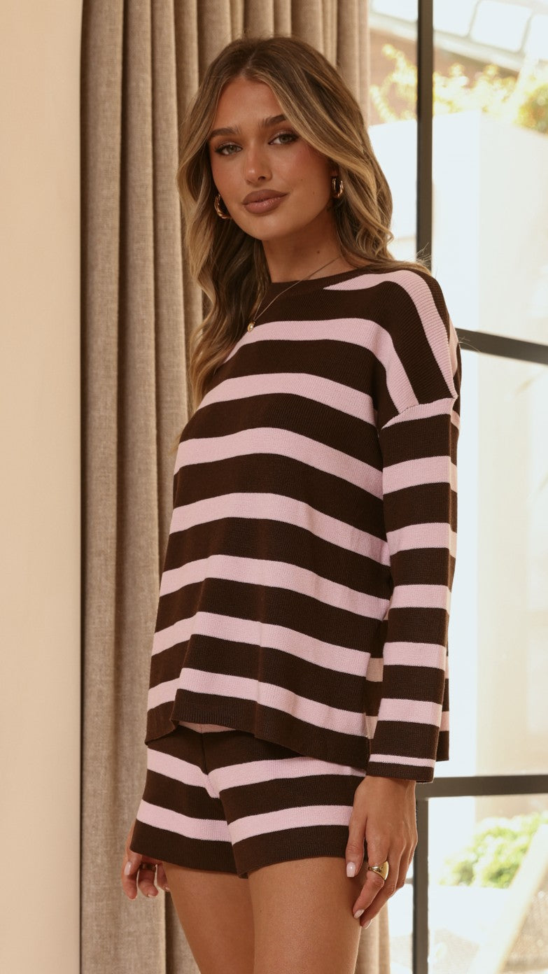 Jaeden Long Sleeve Top & Shorts Set - Pink/Chocolate Stripe