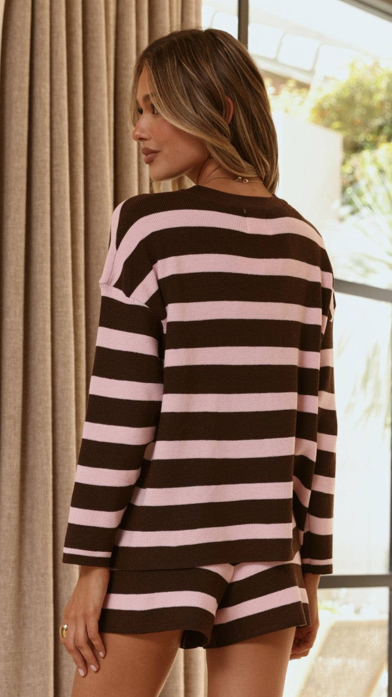 Jaeden Long Sleeve Top & Shorts Set - Pink/Chocolate Stripe