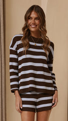 Jaeden Long Sleeve Top & Shorts Set - Blue/Chocolate Stripe