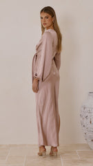 Ivy Long Sleeve Tie Front Maxi Dress - Dusty Pink
