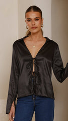 Darielle Tie Front Long Sleeve Top - Black