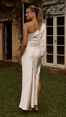 Eden One Shoulder Tie Front Maxi Dress - Champagne