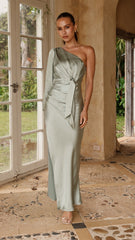 Eden One Shoulder Tie Front Maxi Dress - Sage