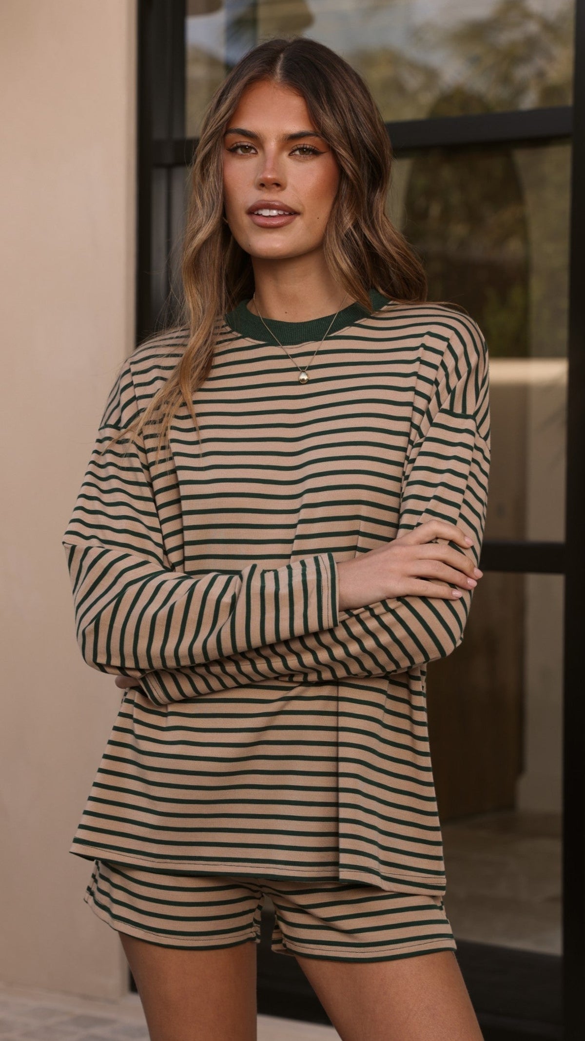 Flossie Long Sleeve Top and Shorts Set - Beige/Green Stripe