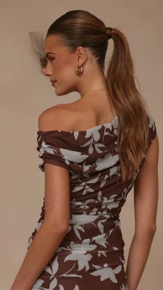 Ellita Off Shoulder Top - Chocolate/Blue Print
