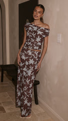 Ellita Off Shoulder Top - Chocolate/Blue Print