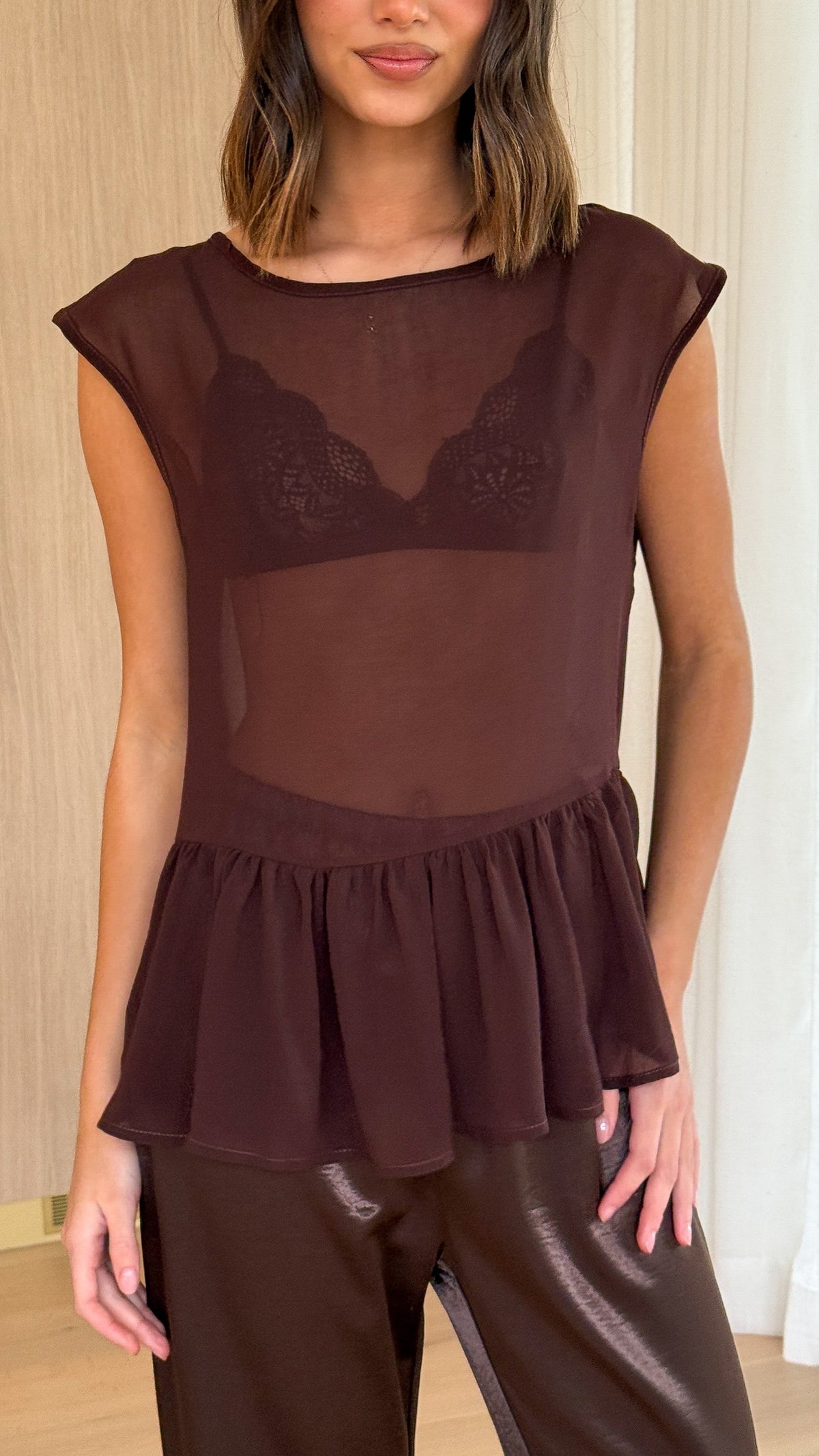 Deana Long Line Sheer Top - Brown