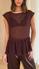 Deana Long Line Sheer Top - Brown