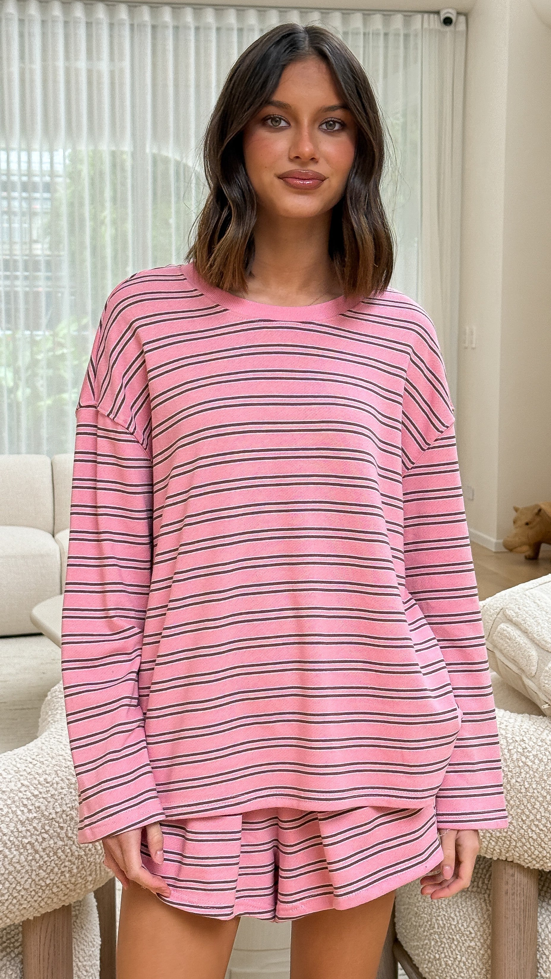 Everly Top And Shorts Set - Pink/Choc Stripe
