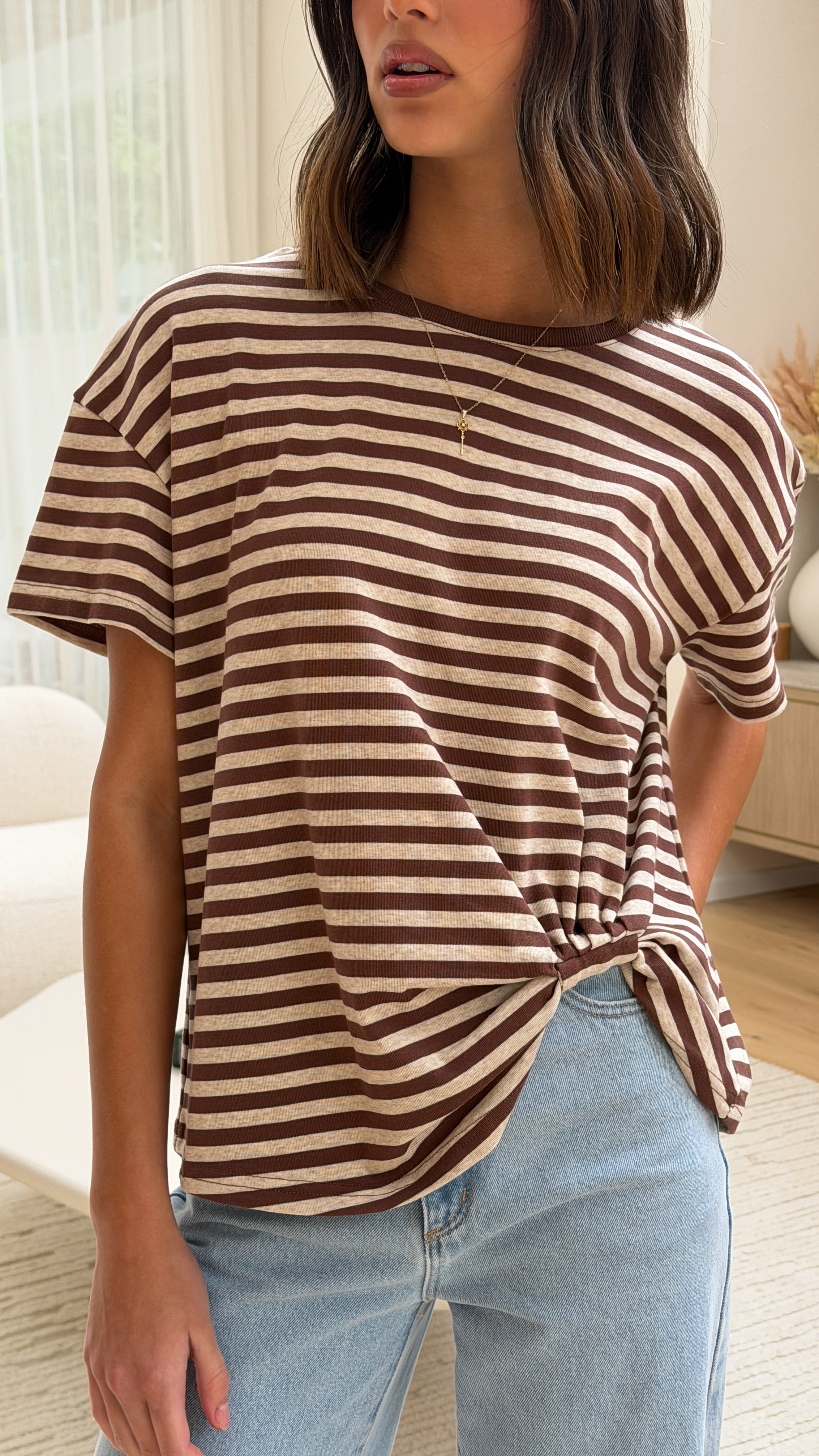 Clara Tee - Brown/Beige Stripe