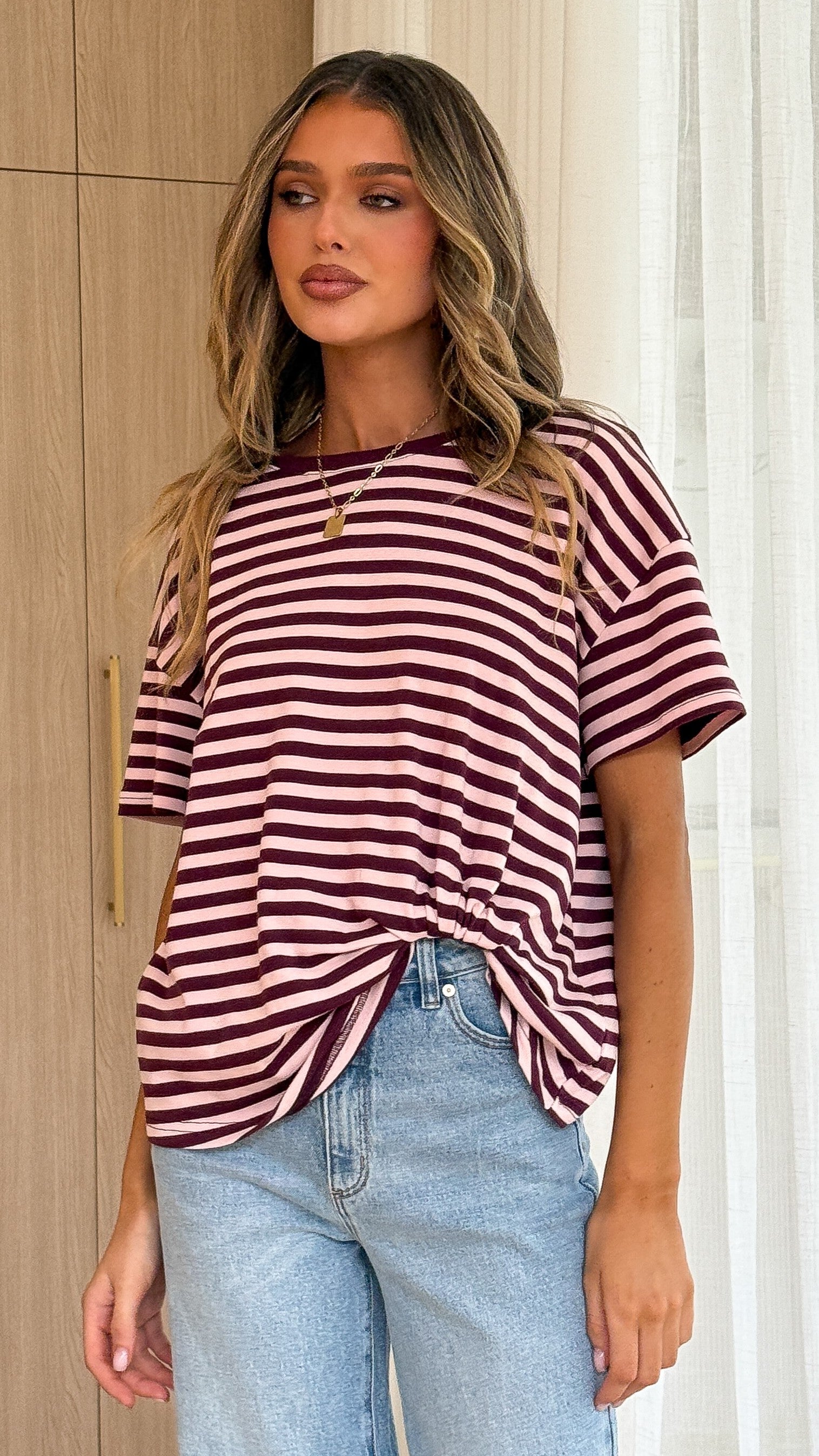 Clara Tee - Burgundy/Pink Stripe