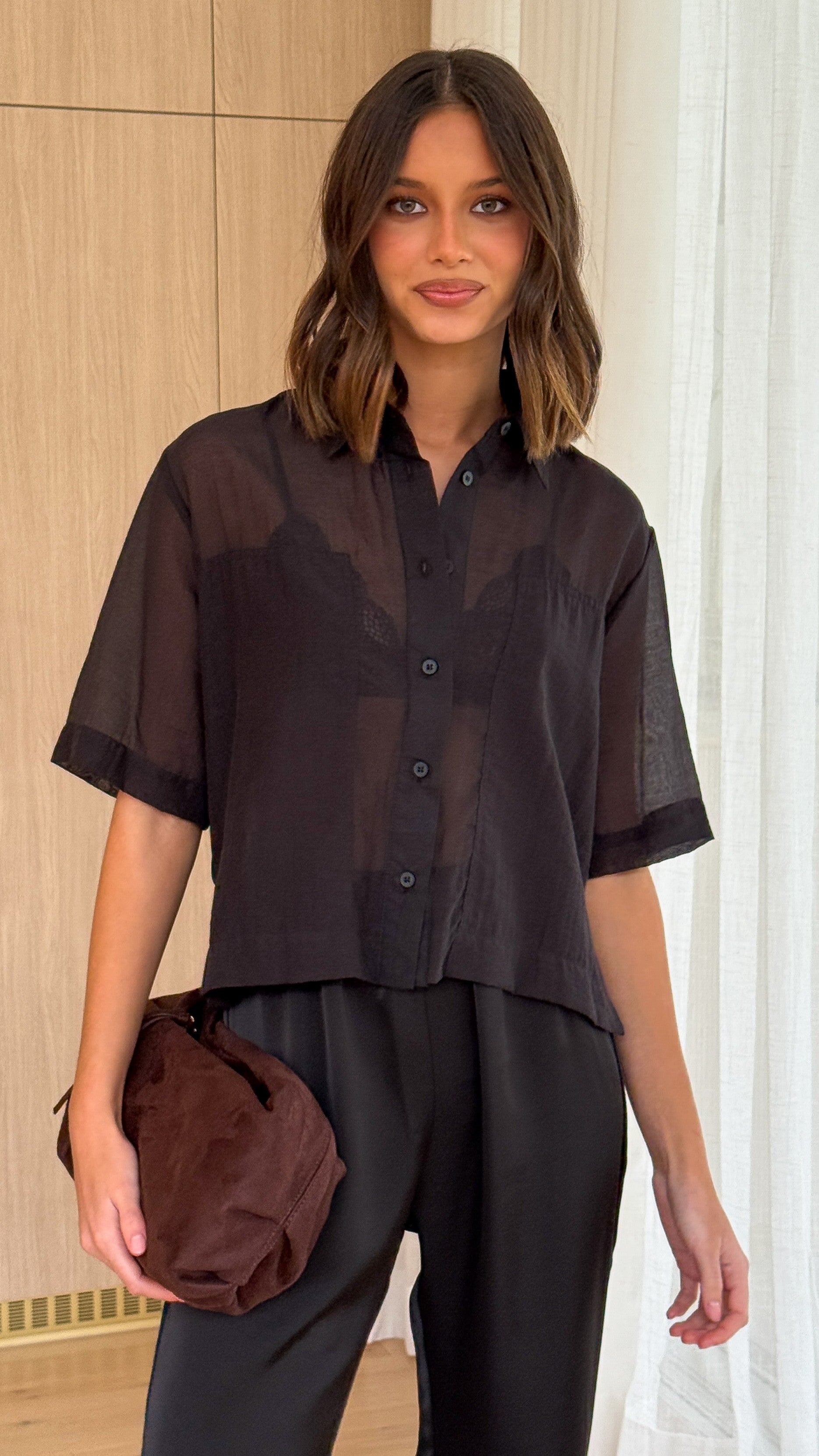 Deanna Sheer Button Up Shirt - Black