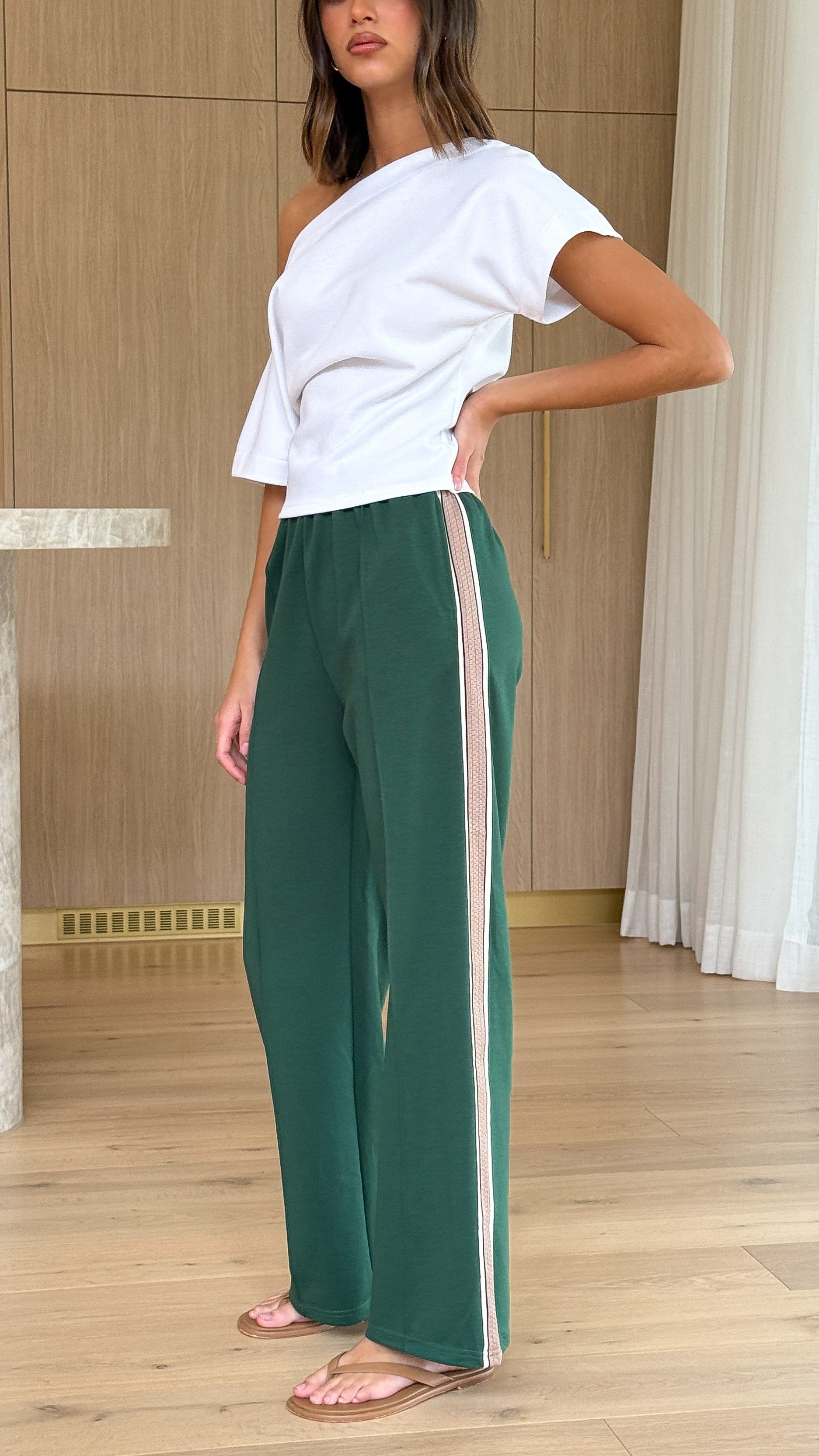 Isaiah Racer Stripe Pleated Trackpants - Green/Beige