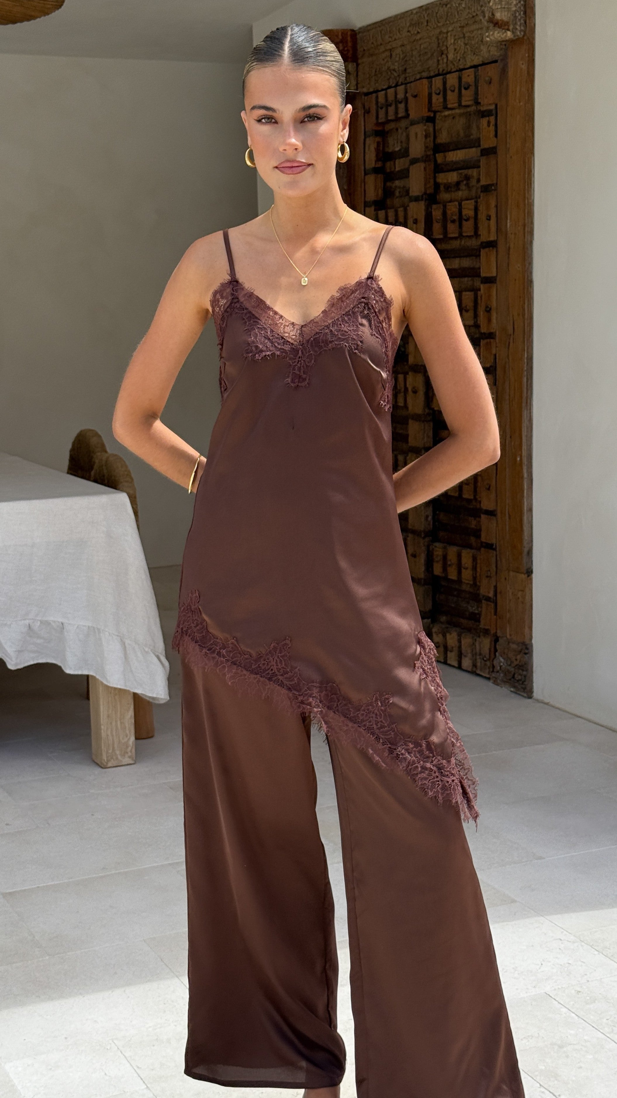 Hayleigh Asymmetrical Top and Pants Set - Chocolate/Lace
