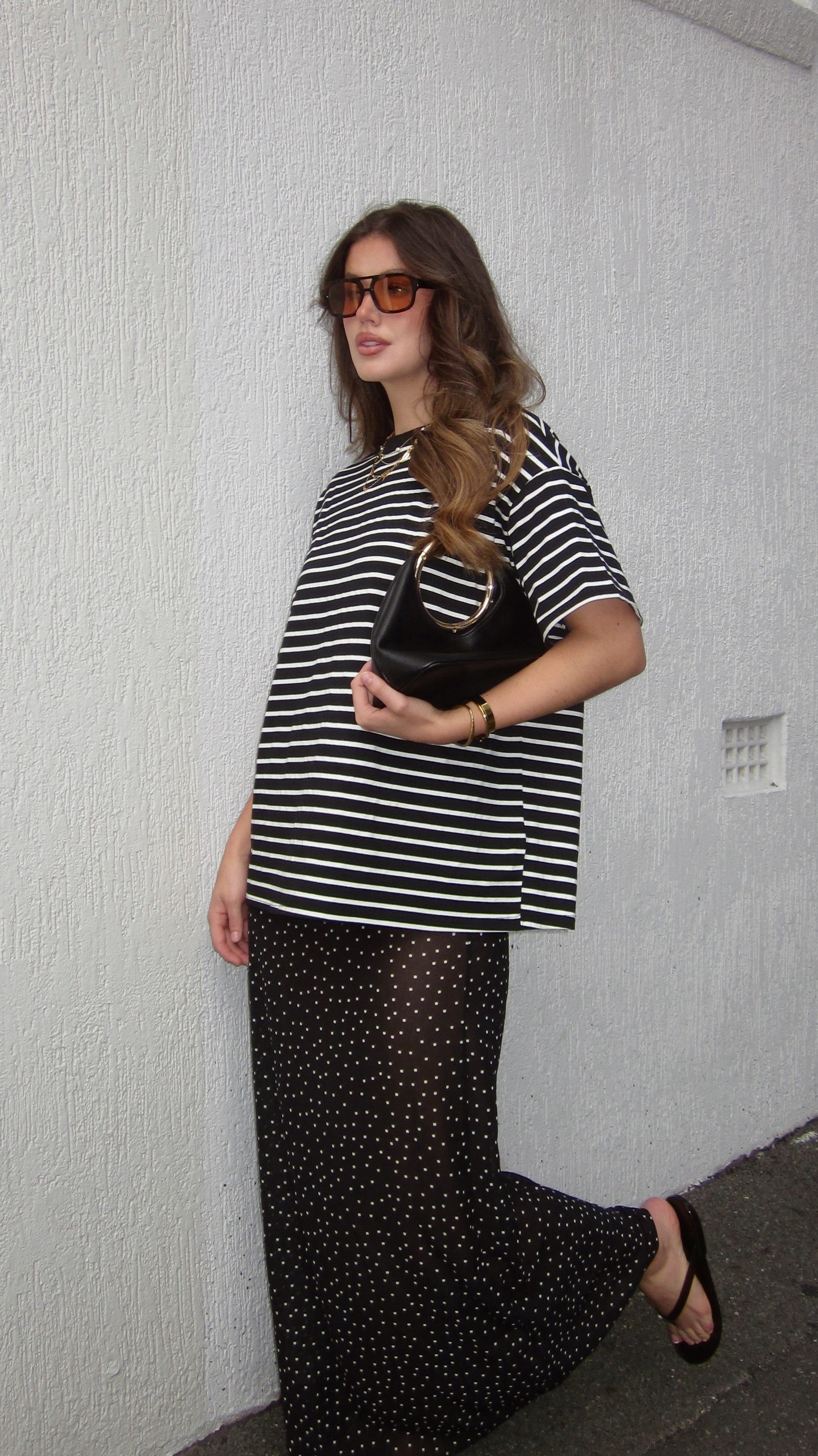 Elisha T-Shirt and Sheer Maxi Skirt Set - White/Black Stripe and Polka Dot
