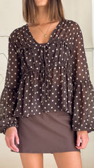 Elke Tie Blouse - Chocolate/White Polka Dot
