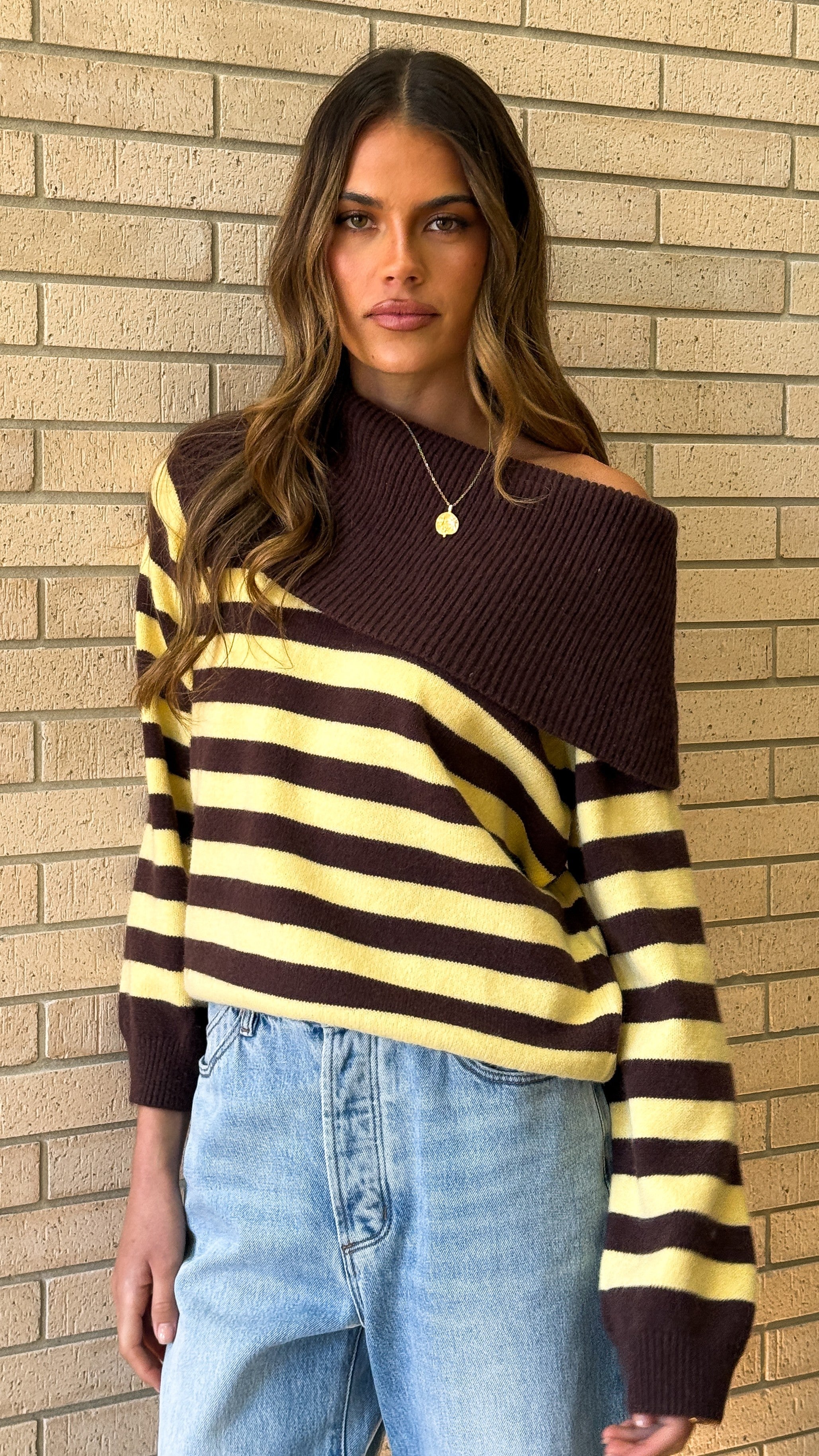 Henna Off Shoulder Knit Sweater - Yellow/Chocolate Stripe