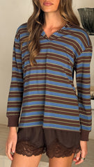 Jayana Collared Jersey Top - Blue/Green/Choc Stripe