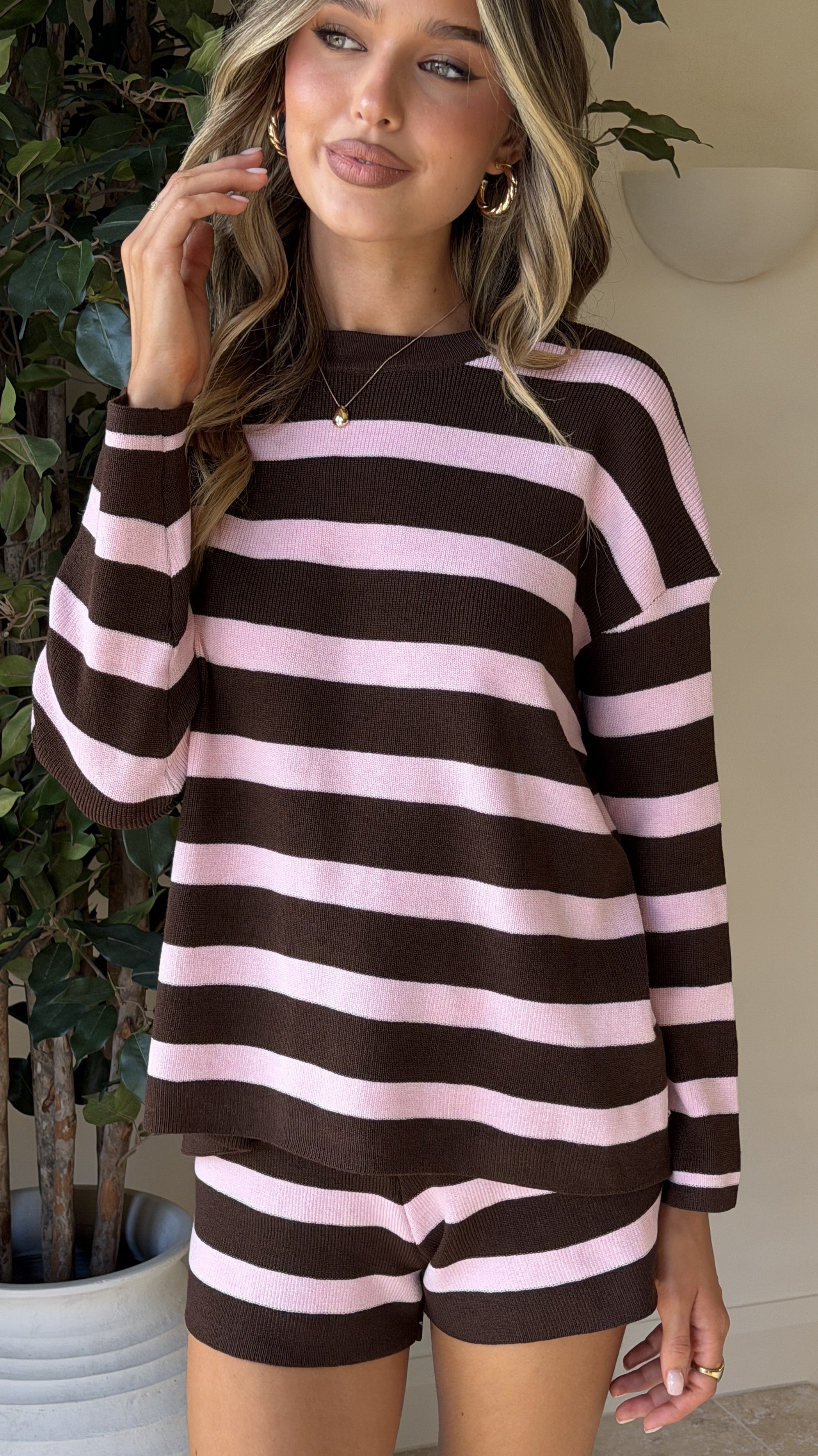Jaeden Long Sleeve Top & Shorts Set - Pink/Chocolate Stripe
