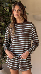 Harla Long Sleeve Top & Shorts Set - Brown/Blue Stripe