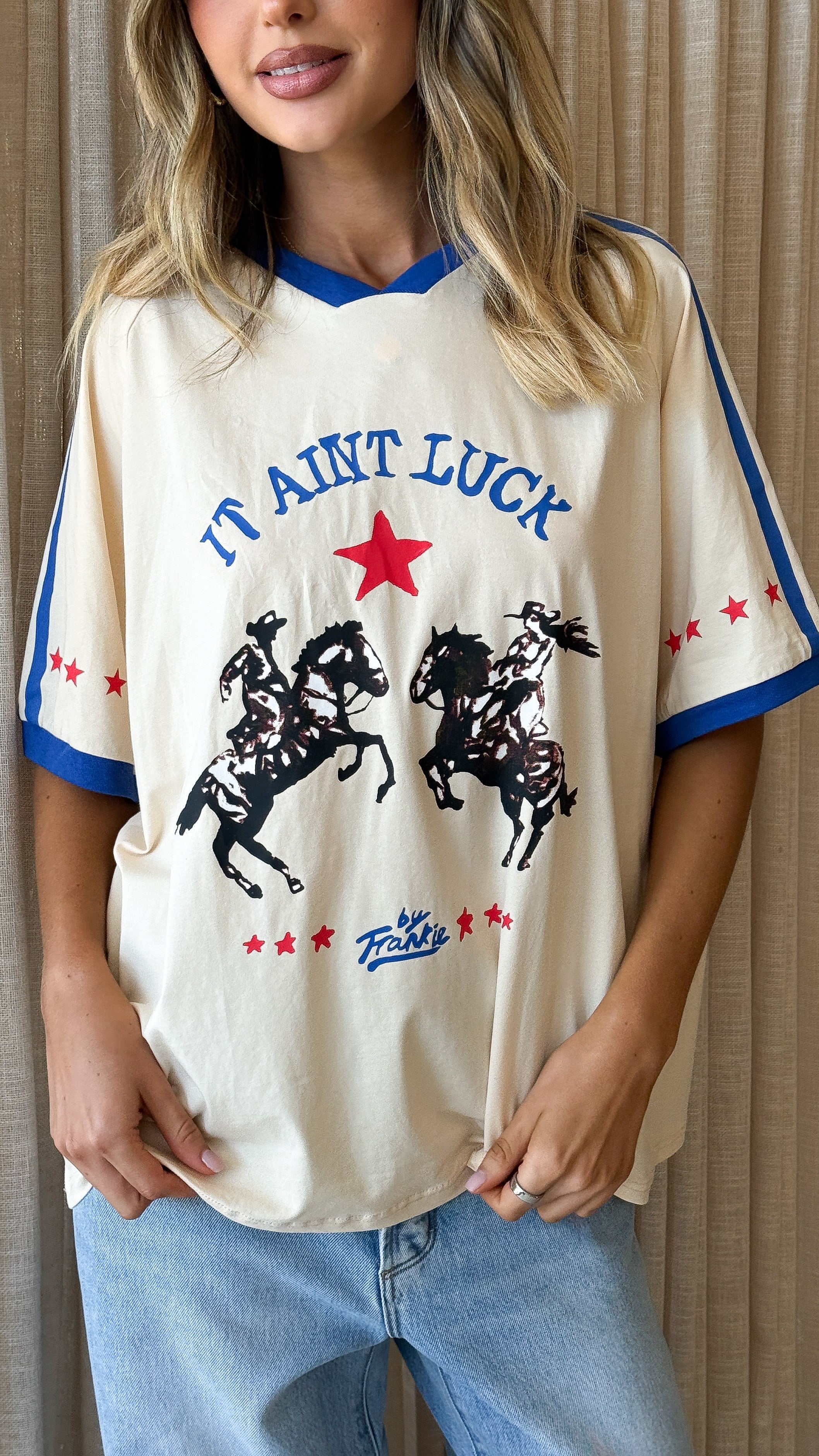 It Aint Luck Oversized T-Shirt - Beige/Blue