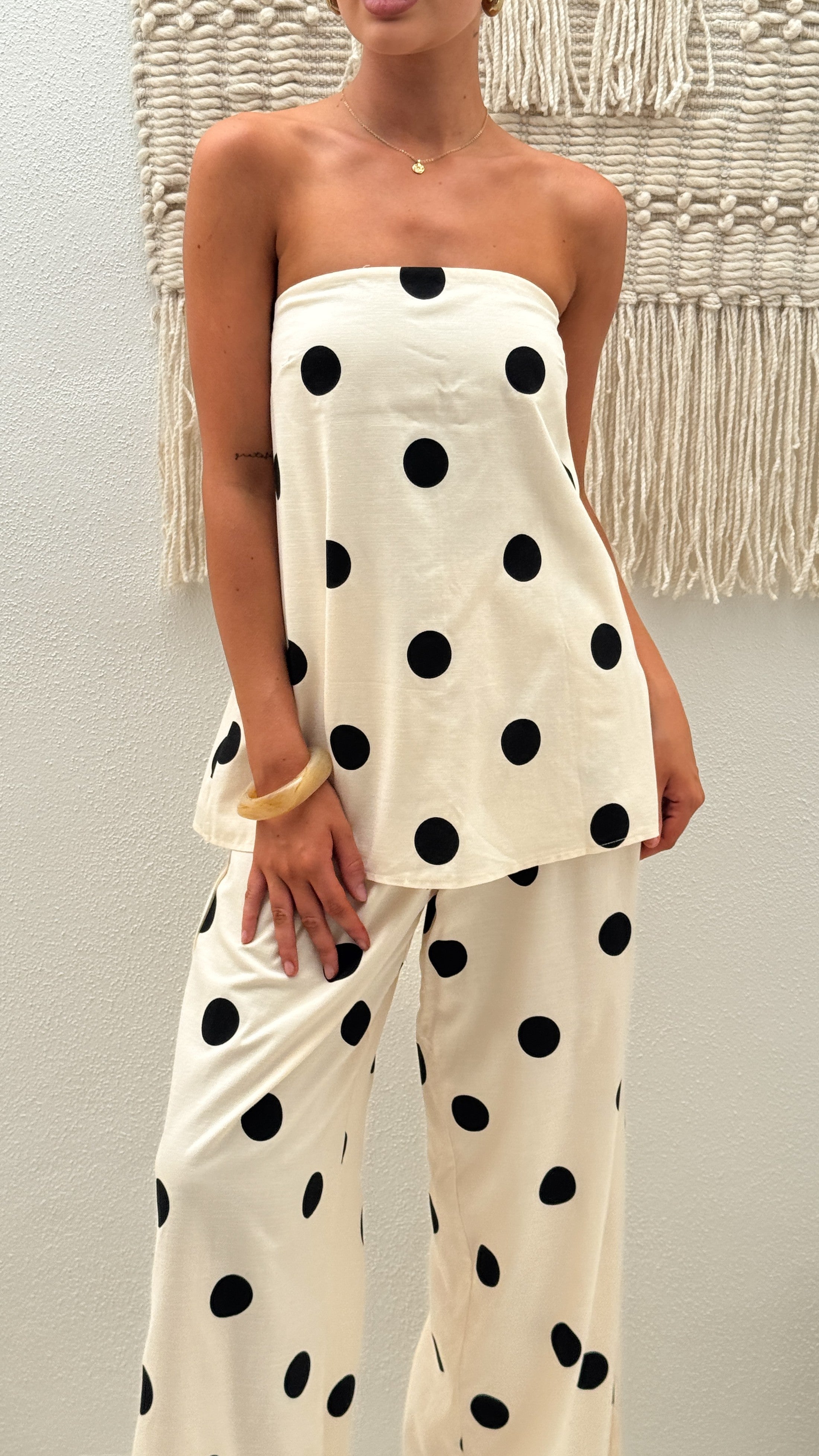 Hazelle Strapless Top - Beige/Black Polka Dot