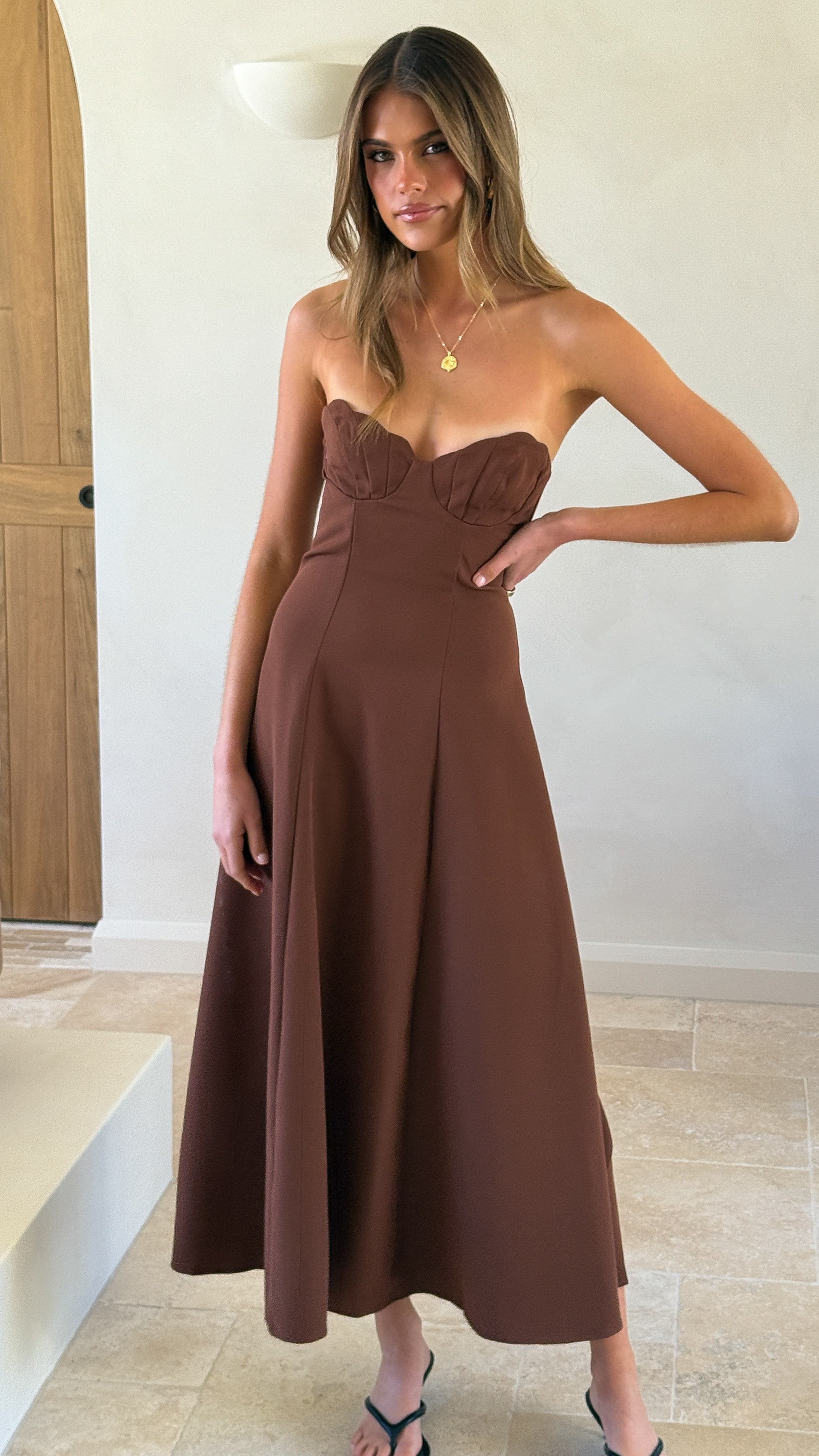 Janessa Strapless Midi Dress - Chocolate