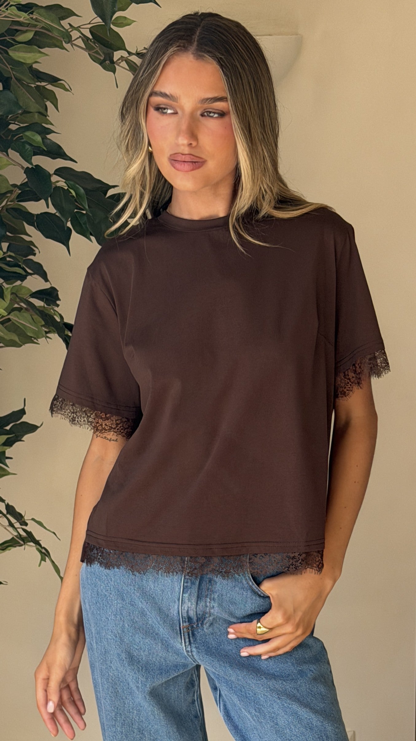 Clare Lace Back T-Shirt - Chocolate