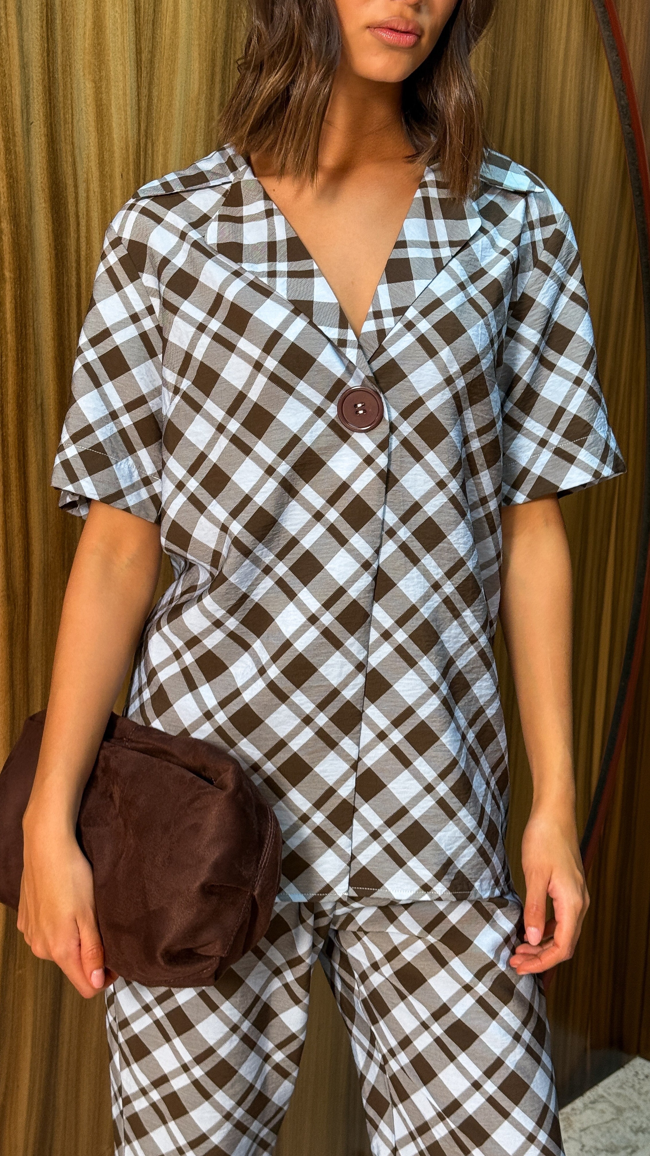 Imogen Button Pants - Chocolate/Blue Plaid