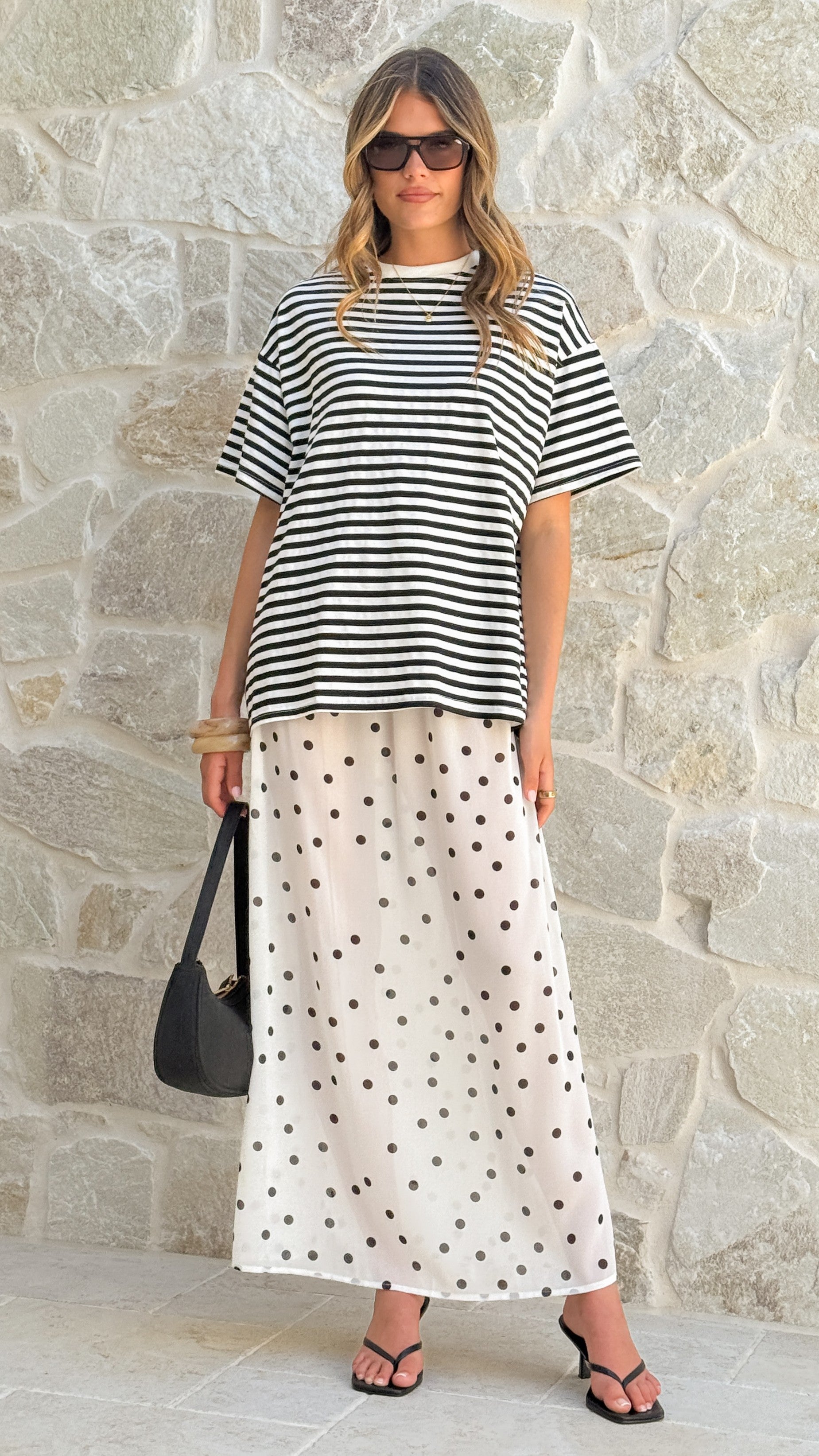 Elisha T-Shirt and Sheer Maxi Skirt Set - Black / White Stripe and Polka Dot