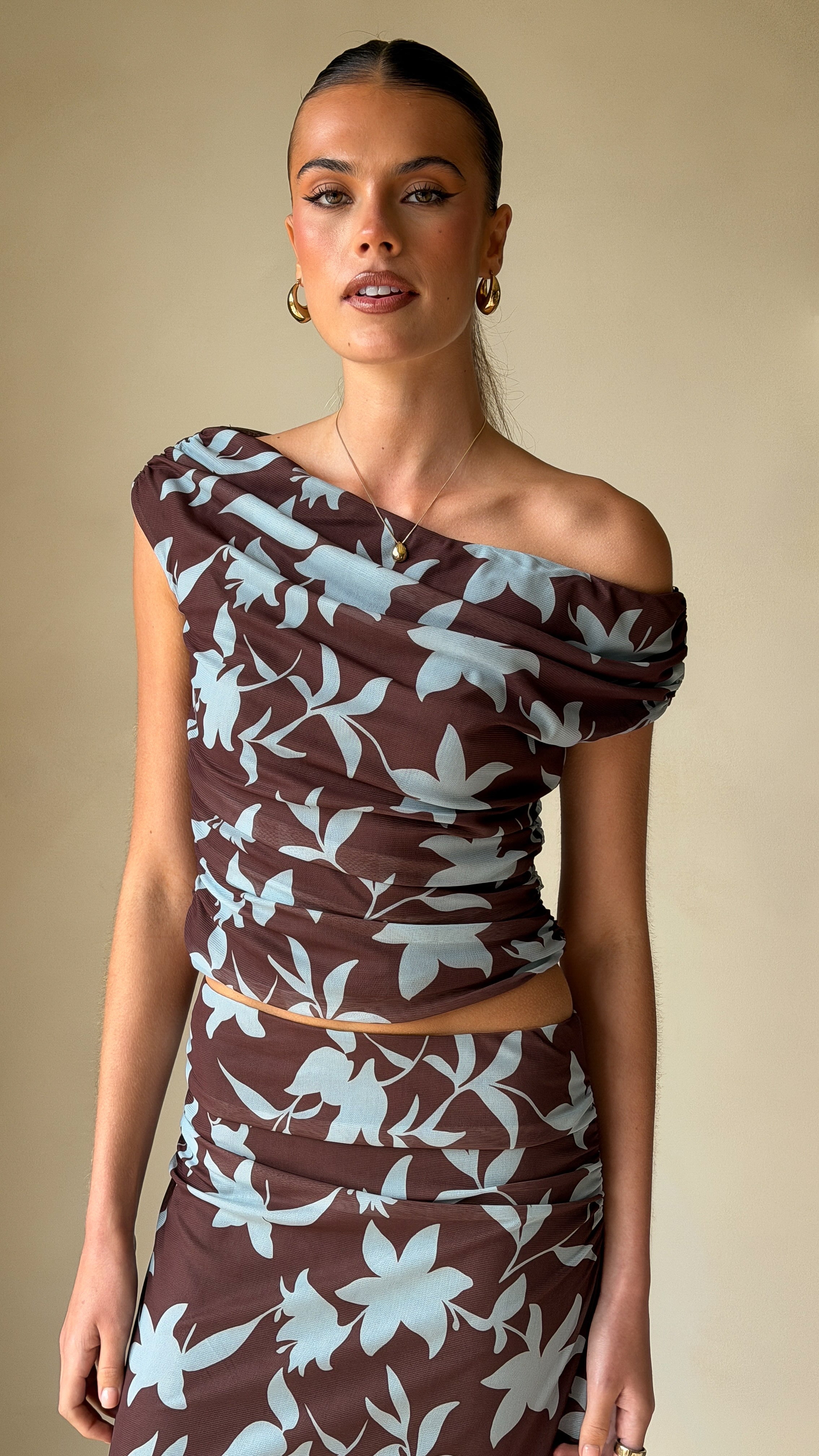 Ellita Off Shoulder Top - Chocolate/Blue Print